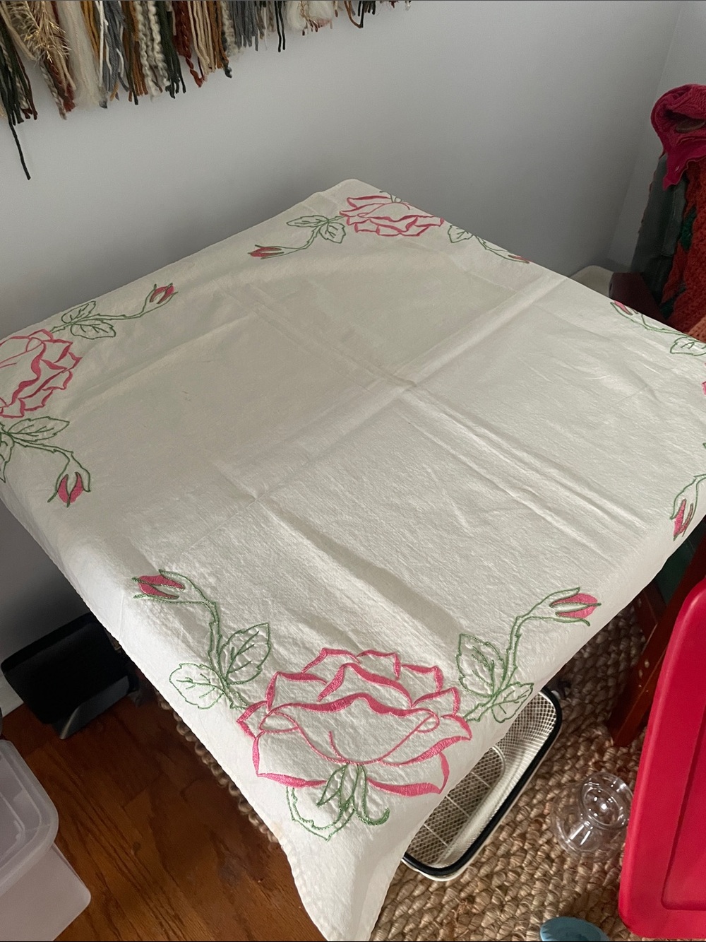 Vintage large doily off white with pink & green floral design